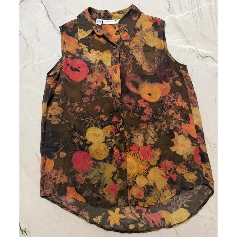 Anne Klein II Womens 8 Silk Sleeveless Floral Button Down Blouse Brown Orange